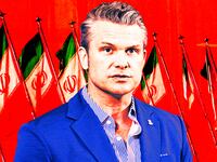 A photo illo illustration of Pete Hegseth and Iranian flags.