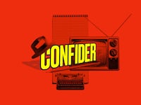 Confider logo illustrated over a red background.