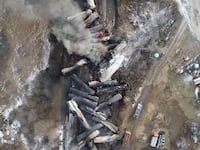Drone footage shows the freight train derailment in East Palestine, Ohio.