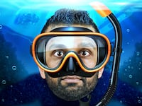 A photo illo illustration of Kash Patel snorkeling underwater at the Pearl Harbor Memorial.