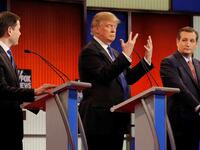 Republican U.S. presidential candidate Donald Trump shows off the size of his hands.
