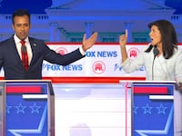 MILWAUKEE, WISCONSIN - AUGUST 23: Republican presidential candidates, Vivek Ramaswamy (L) and former U.N. Ambassador Nikki Haley participate in the first debate of the GOP primary season hosted by FOX News at the Fiserv Forum on August 23, 2023 in Milwaukee, Wisconsin.