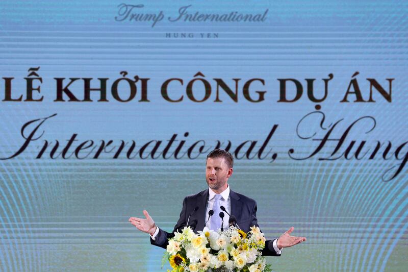 Eric Trump, son of US President Donald Trump, makes a speech during the groundbreaking ceremony for the Trump International, Hung Yen resort and golf course project in Hung Yen province on May 21, 2025.