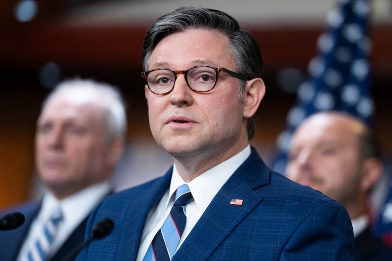 Speaker of the House Mike Johnson conducts a news conference in the Capitol Visitor Center on the government shutdown on Thursday, October 16, 2025.