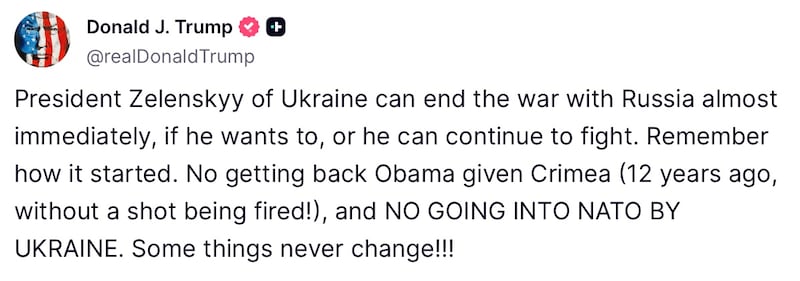 President Trump addresses Zelensky on Truth Social.