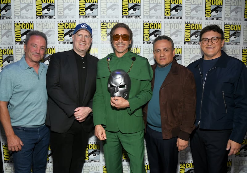A photo of Louis D'Esposito, Co-President, Marvel Studios, Kevin Feige, President, Marvel Studios, Robert Downey Jr., Joe Russo and Anthony Russo
