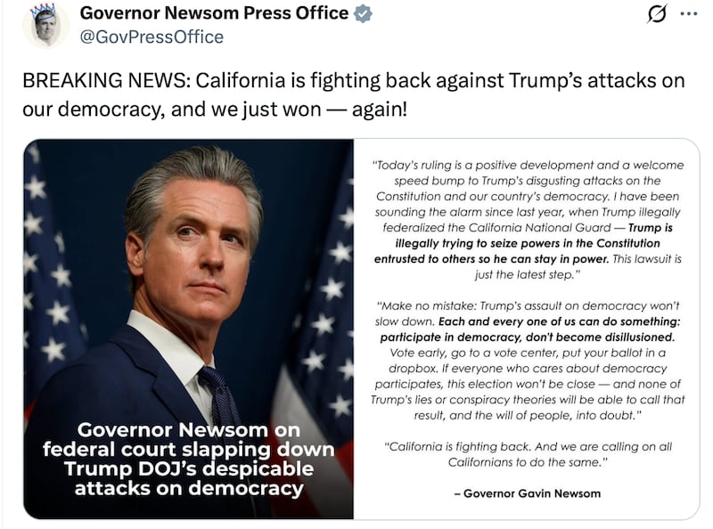 Gavin Newsom slams Trump on X.