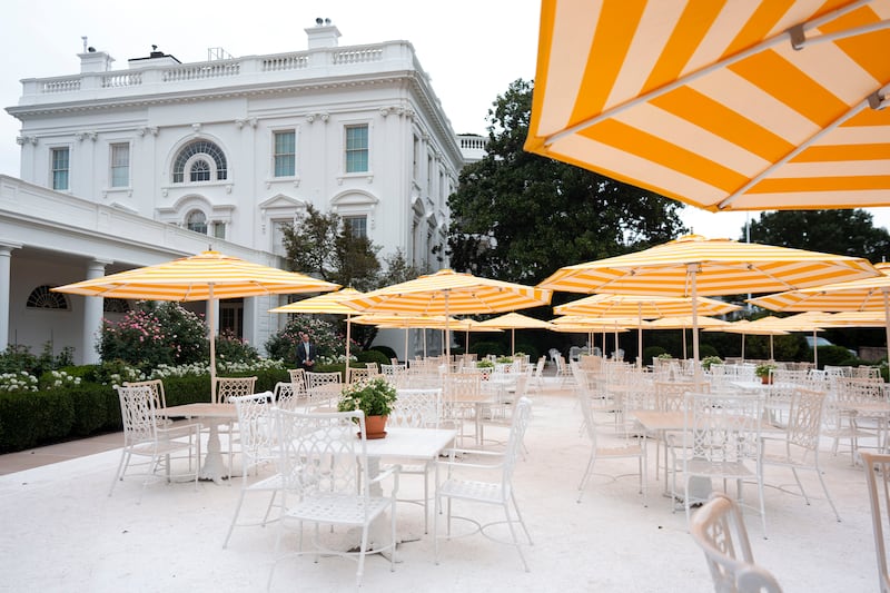 WASHINGTON, DC - AUGUST 19: A view of chairs and a newly paved Rose Garden at the White House on August 19, 2025 in Washington, DC. Reporters were brought out to see the newly renovated Rose Garden and hear the new sound system. (Photo by Doug Mills-Pool/Getty Images)