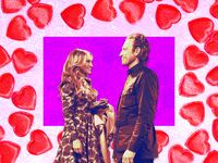 A photo illustration of Sarah Jessica Parker and John Corbett with hearts.