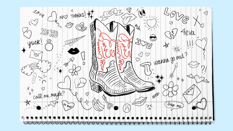 Photo illustration of a lined notebook with high school doodles about love drawn and cowboy boots