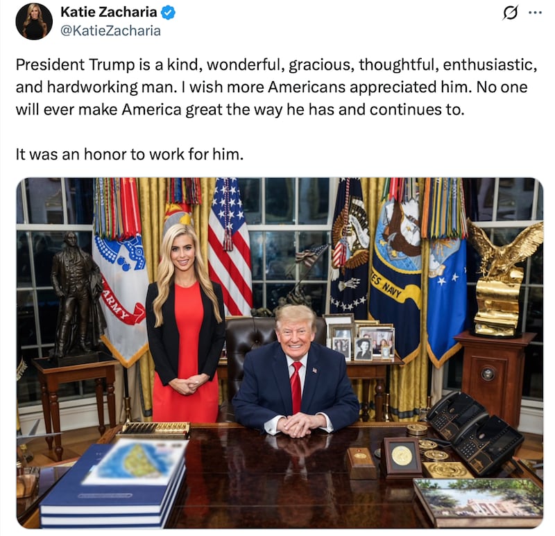 Katie Zacharia's outgoing X post revealed a future Trump design plan.