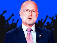 A photo illustration of Chairman of the Federal Communications Commission of the United States Brendan Carr and a rowdy crowd.