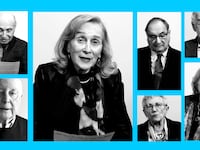 A photo collage of holocaust survivors reading tweets