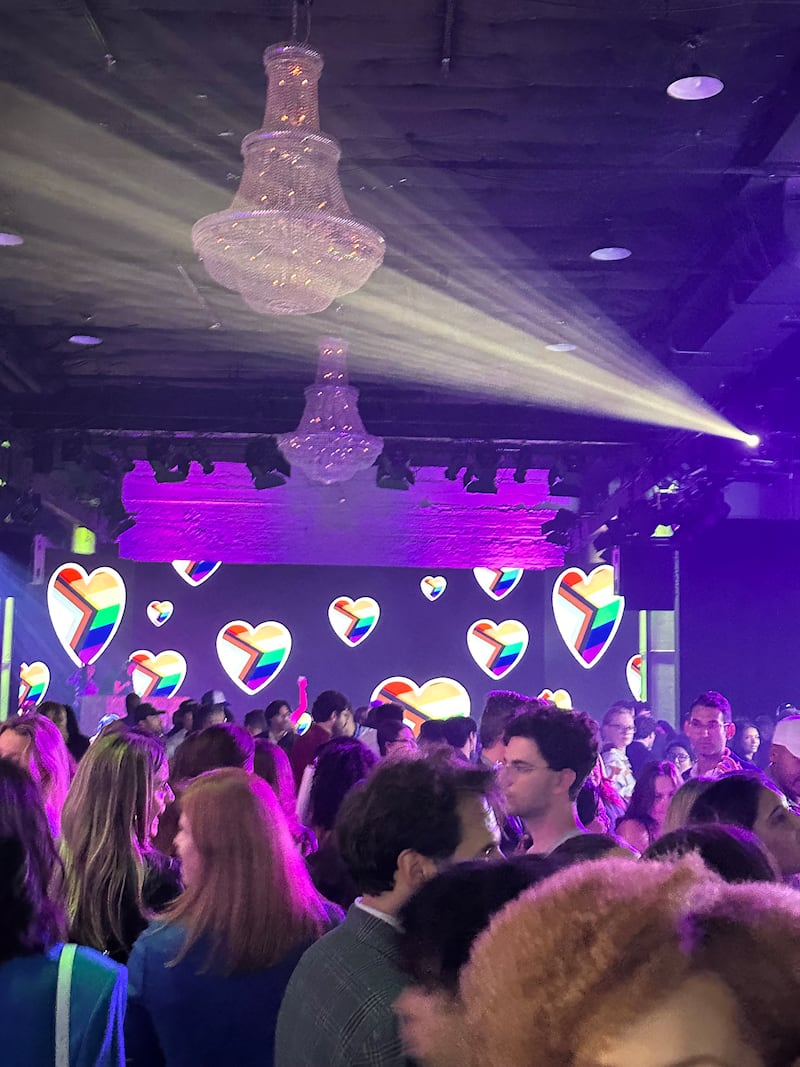 Hundreds of people inside the “Hotties for Harris” party.