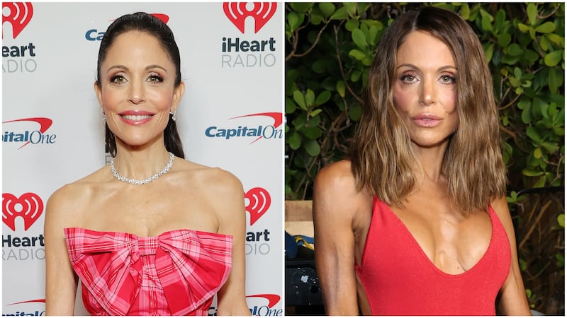 On the left, Bethenny Frankel wears a bright-pink and red dress at the 2023 Jingle Ball; on the right, Frankel poses backstage at the 2026 Sports Illustrated Swimsuit Runway Show.