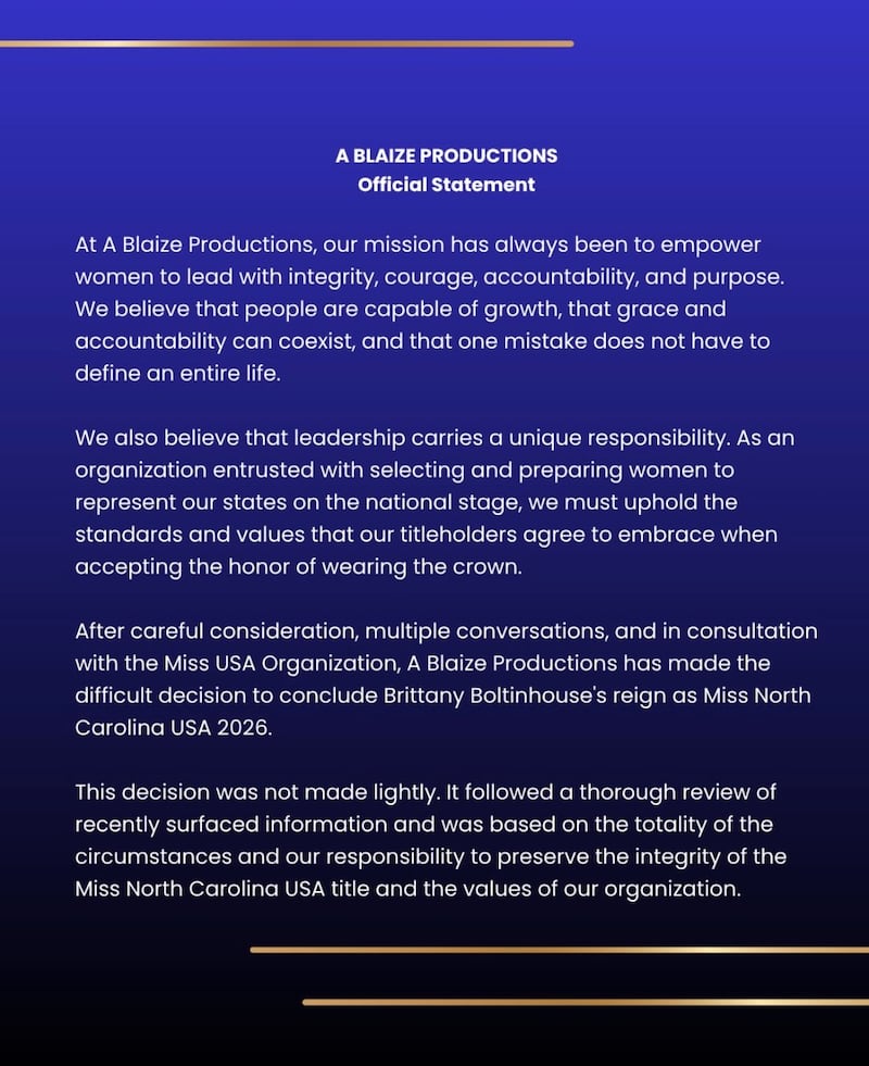 A Blaize Productions released a statement regarding Brittany Boltinhouse’s dethroning.