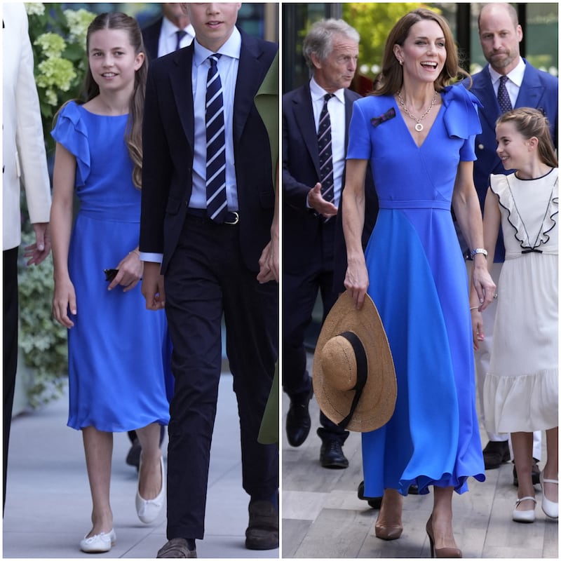 Princess Charlotte (left) walks with Prince George at the 2026 Wimbledon Championships wearing a bright cobalt summer dress—a strikingly similar frock to the one worn by Kate Middleton (right) on Day 14 of the 2025 Wimbledon Championships.