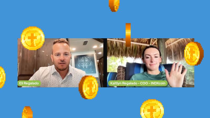 A photo illustration of Eli and Kaitlyn Regalado on a video call.