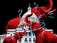 Red elephants run around outside of Congress in a tizzy.