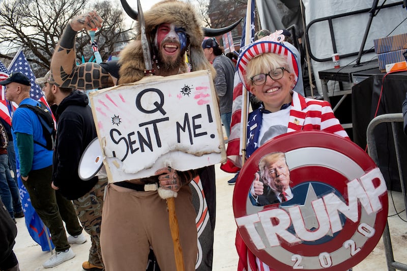 Trump supporter and QAnon follower Jake "The Q Shaman" Angeli attends to the "Stop the Steal" rally on December 12, 2020.