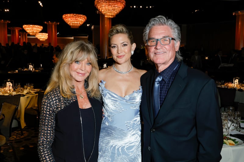 Goldie Hawn, Kate Hudson, and Kurt Russell at the Will Rogers Motion Picture Pioneers Foundation's dinner honoring Kate Hudson in Beverly Hills, 2025.