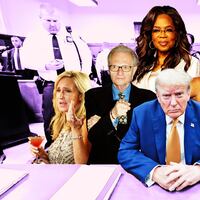 A photo illustration of Donald Trump in court with Oprah Winfrey, Larry King, and Real Housewives cast members