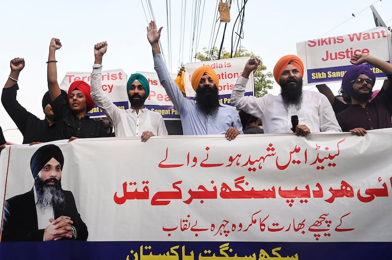 Members of Pakistan's Sikh community take part in a protest in Lahore on Sept. 20, 2023.