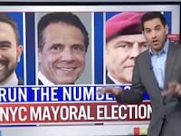 CNN's data analyst Harry Enten in front of pictures of 2025 NYC mayoral candidates