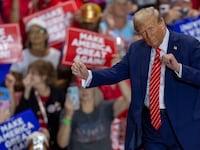 Republican presidential nominee, former President Donald Trump, shows off his dance moves to YMCA following his remarks on Wednesday, October 30, 2024 at the Rocky Mount Event Center in Rocky Mount, N.C.