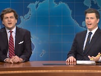 SNL, Jeremy Culhane as Tucker Carlson alongside Colin Jost