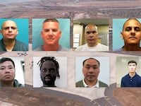A photo illustration of mugshots of 8 men that are being held along with ICE agents at a US military base in Djibouti.
