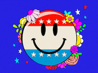 Illustrative gif of a voting pin with a winking smiley face and flowers around it