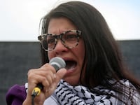 Rashida Tlaib (MI-12) addresses attendees as she takes part in a protest calling for a ceasefire in Gaza