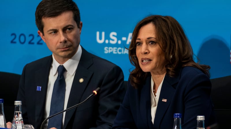 Kamala Harris and Pete Buttigieg at a the Conference Room at the U.S. Department of State on U.S. Department of State on May 13, 2022 in Washington, DC.