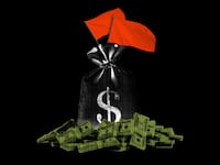 Photo illustration of a bag of money with red flags coming out of it on a black background.