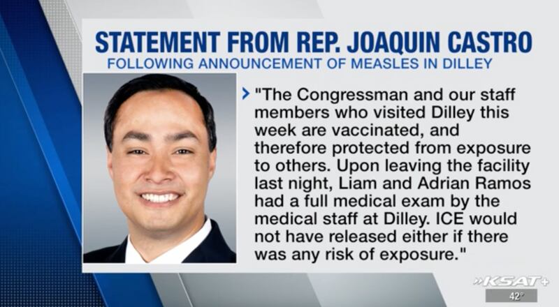 Rep. Joaquin Castro, who visited Liam with Rep. Jasmine Crockett, assured the public that neither they nor Liam and his father were infected with measles after the pair was released.