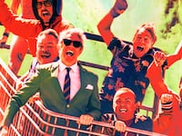 A photo illustration of Jason 'Wee Man' Acuña, Dave England, Johnny Knoxville, Ehren McGhehey, Chris Pontius, Steve-O, and Preston Lacy in Jackass: Best and Last.