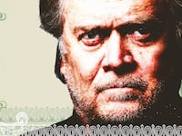 Photo illustration of Steve Bannon with money borders around him in green.