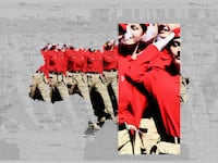 A photo illustration showing the map of Ukraine covered by cadets in the Russian Young Army.