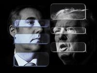 Alt text: A photo illustration showing Michael Cohen and Donald Trump with text message exchange overlaid on top of their faces.