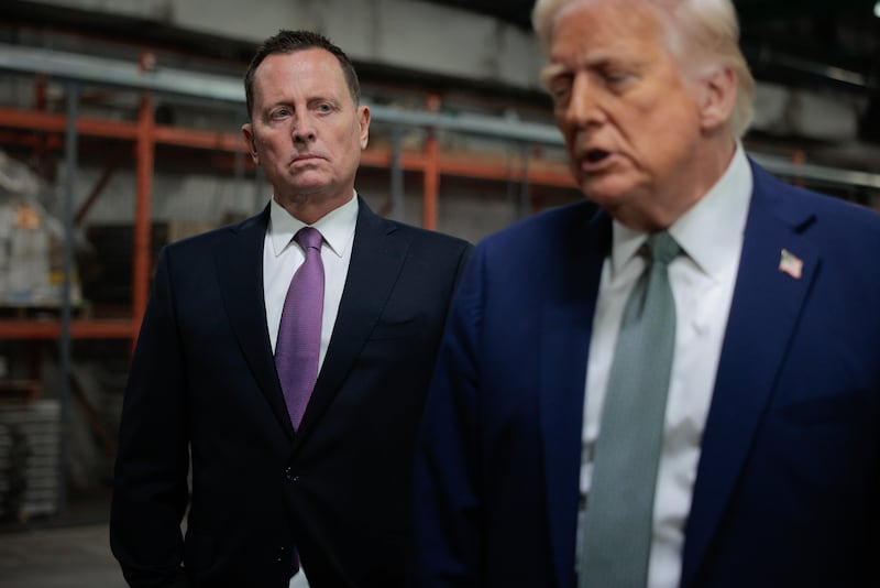 U.S. President Donald Trump speaks to the media alongside Richard Grenell, President of The Kennedy Center Board of Trustees, during a guided tour of the John F. Kennedy Center for the Performing Arts before leading a board meeting on March 17, 2025 in Washington, DC.