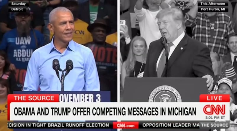 Barack Obama and Donald Trump both campaigned in Michigan over the weekend, on opposite sides of the state’s Senate race.