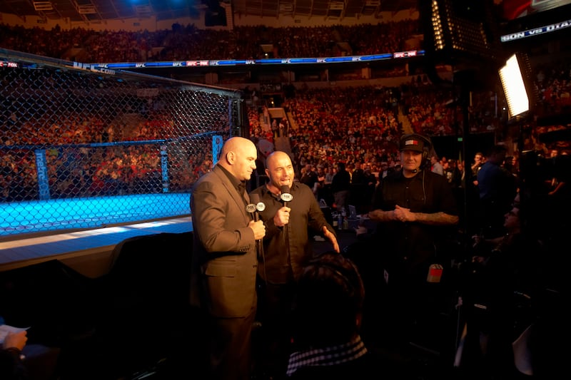 Mixed Martial Arts: UFC on Fox: UFC president Dana White (L) and announcer Joe Rogan before a fight at KeyArena at Seattle Center.
Seattle, WA 12/8/2012
CREDIT: Jed Jacobsohn (Photo by Jed Jacobsohn /Sports Illustrated via Getty Images)
(Set Number: X155892 TK2 R1 F135 )
