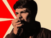 A photo illustration showing Nick Fuentes shouting into a megaphone.