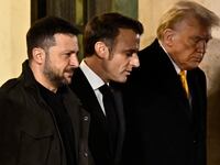 Ukraine's President Volodymyr Zelensky, France's President Emmanuel Macron and US president Donald Trump walk together after a meeting at the Elysee Presidential Palace in Paris on December 7, 2024.