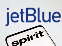 A graphic showing JetBlue and Spirit’s logos.