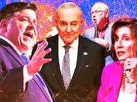 A photo illustration of JB Pritzker, Chuck Schumer, Tim Walz, and Nancy Pelosi.