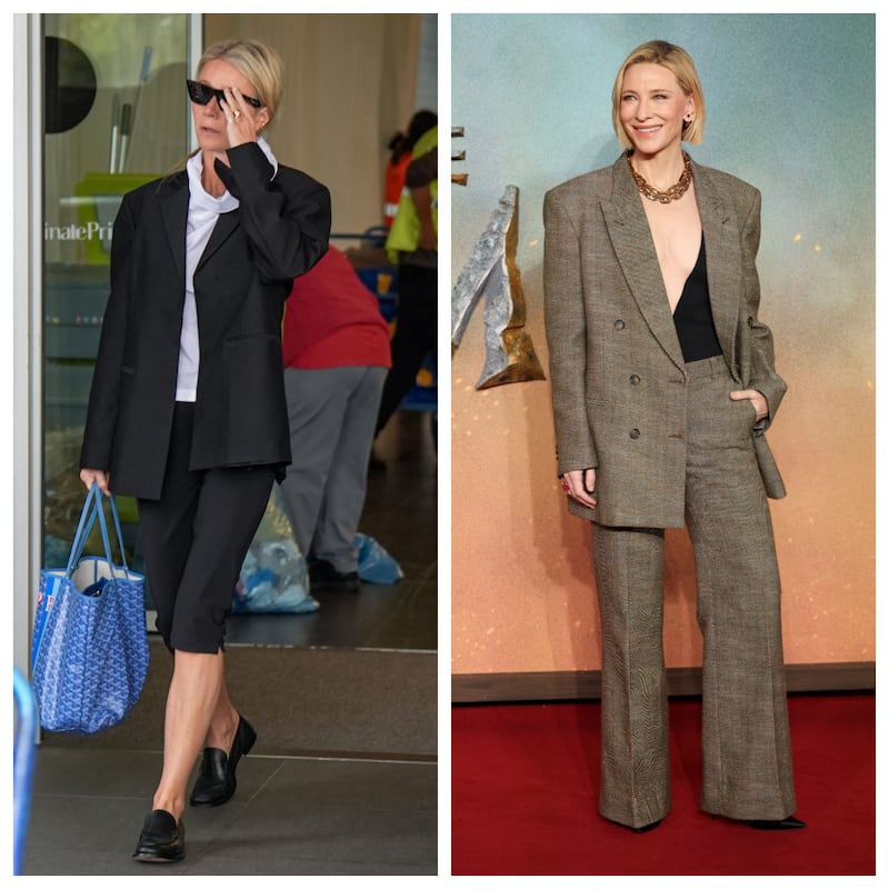 Gwyneth Paltrow arrives at Milan airport during the Milan Womenswear Spring/Summer 2026 Fashion Week, wearing an oversized black blazer in 2025 and Cate Blanchett attends the world premiere of “The Lord of the Rings: The War of the Rohirrim” wearing an oversized tweed blazer in 2024.
