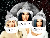 Kim Kardashian, Khloe Kardashian, Kourtney Kardashian wearing astronaut helmets with tinfoil hats on top in front of the Moon