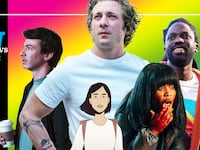 A photo illustration of Jeremy Allen White, Dominique Fishback, Nathan Fielder, and Adjani Salmon